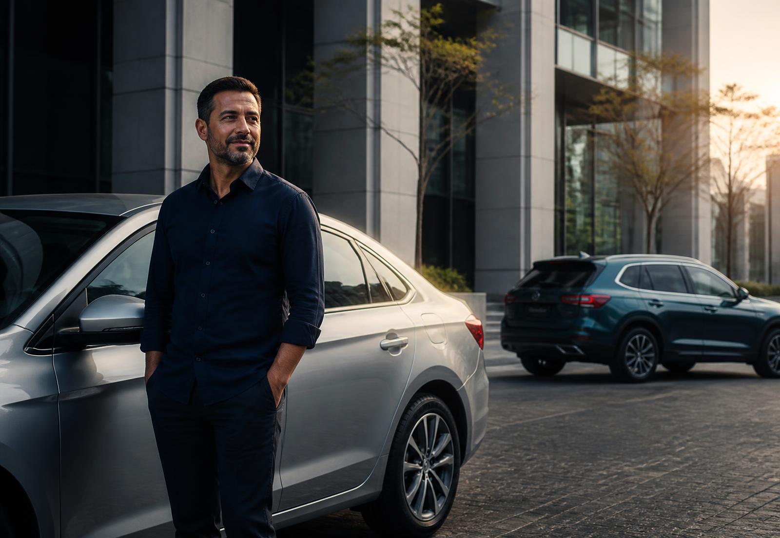Motorista ao lado de seu veículo atual, com um SUV mais moderno ao fundo
