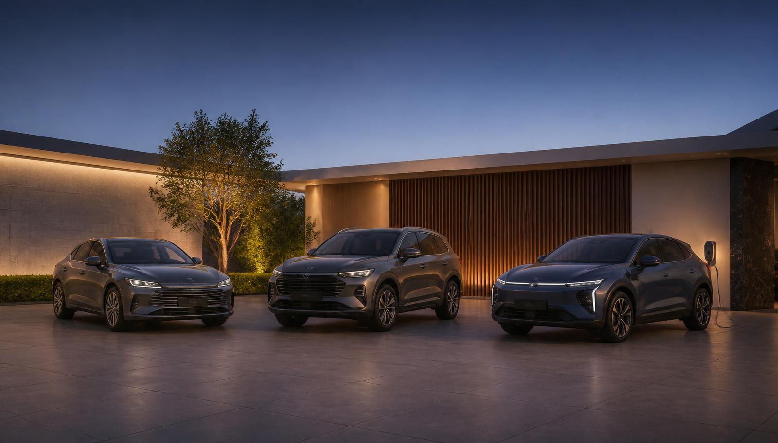 Exemplos de carro convencional, SUV e veículo elétrico para uso profissional